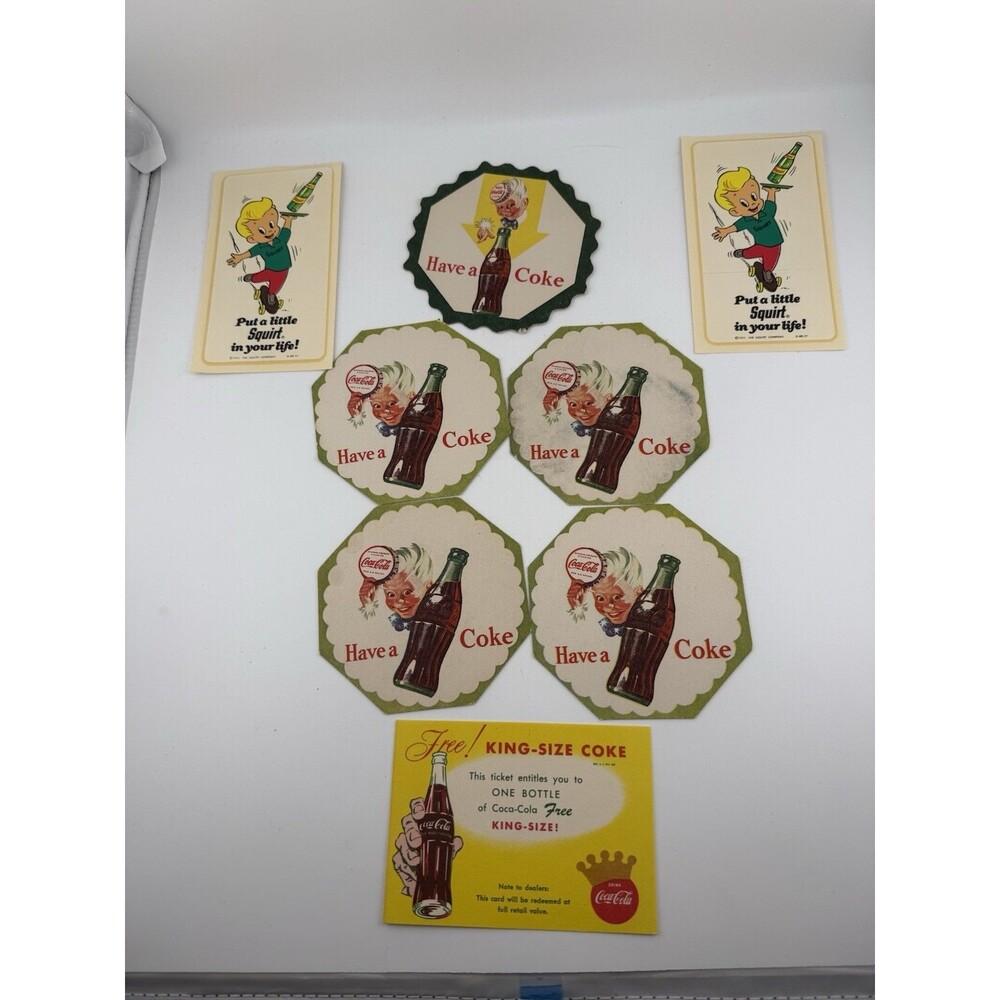 Set Of 8 1950s Coke Sprite Boy Coca Cola Bottle Cap Coaster and Squirt Boy Decal